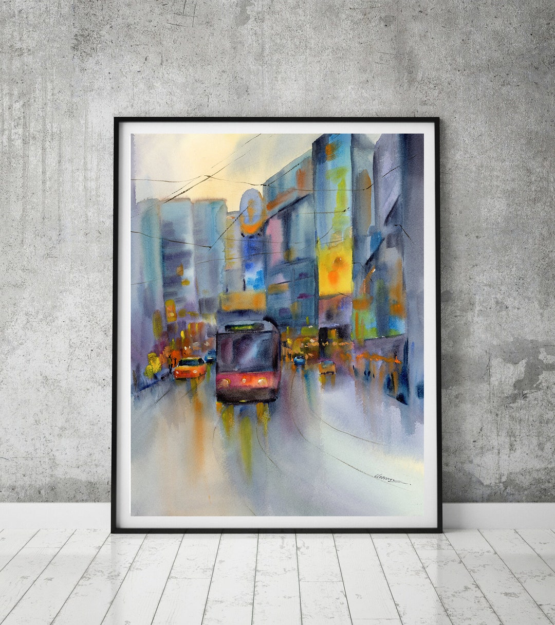 Cityscape Watercolor Painting Fine Art Print, Streetcar Wall Art From
