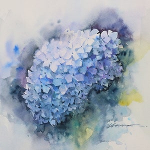 May include: A watercolor painting of a blue hydrangea flower with a soft, blurred background.