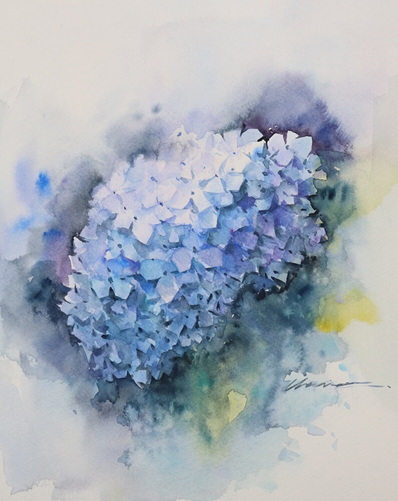 May include: A watercolor painting of a blue hydrangea flower with a soft, blurred background.