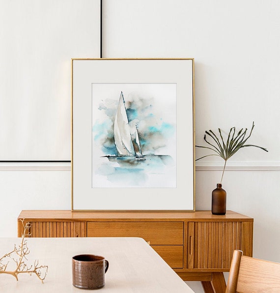 帆船の水彩画：海辺のアート ジクレープリント - Etsy 日本