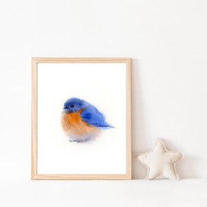 Pintura de acuarela de pájaro azul: Impresión artística, arte de pared para guardería