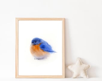 Pintura de acuarela de pájaro azul: Impresión artística, arte de pared para guardería