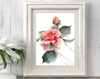 Rosa Rose Aquarell Malerei: Giclée Kunstdruck