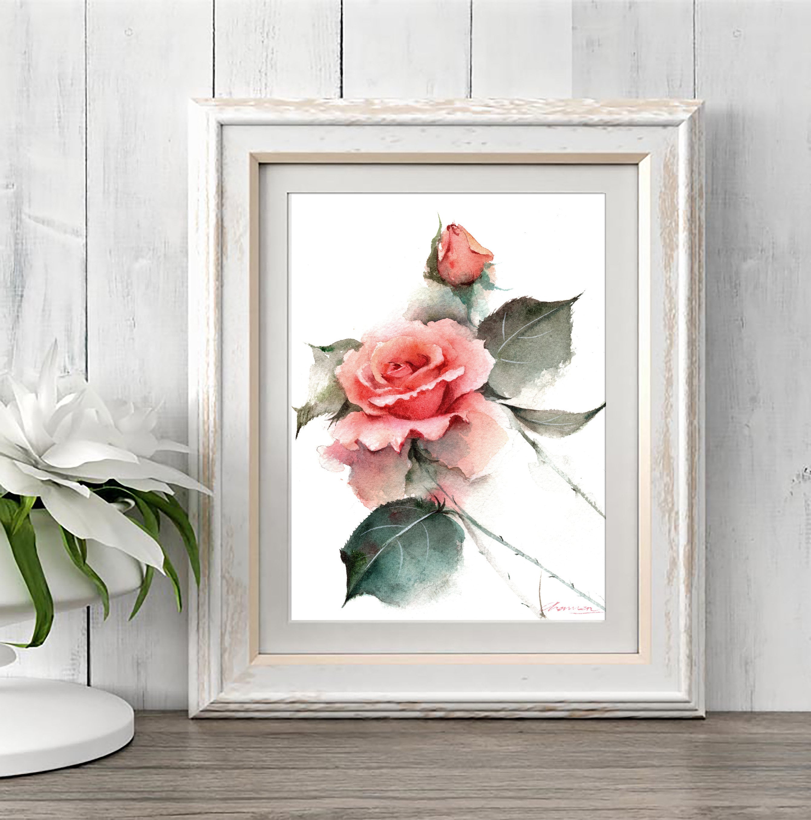 ピンクのバラの水彩画：植物のジクレーアートプリント - Etsy 日本