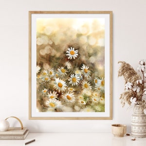 Fine Art Print Daisies Field From Original Flower Watercolor Painting, Landscape Wall Art