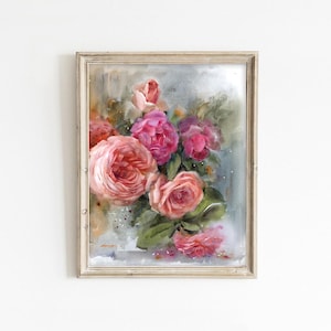 Stampa artistica di rose ad acquerello, da un dipinto floreale originale, decorazione da parete botanica su tela per il soggiorno.