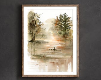 Lámina artística de paisaje para pared, basada en una acuarela original de un estanque otoñal con tonos tierra.