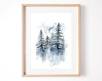 松の木の水彩画：森の風景アートプリント
