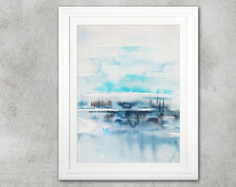 Impression d’art abstraite de paysage bleu, peinture de paysage à l’aquarelle, impression d’art Giclée, art mural d’eau bleue, décor côtier