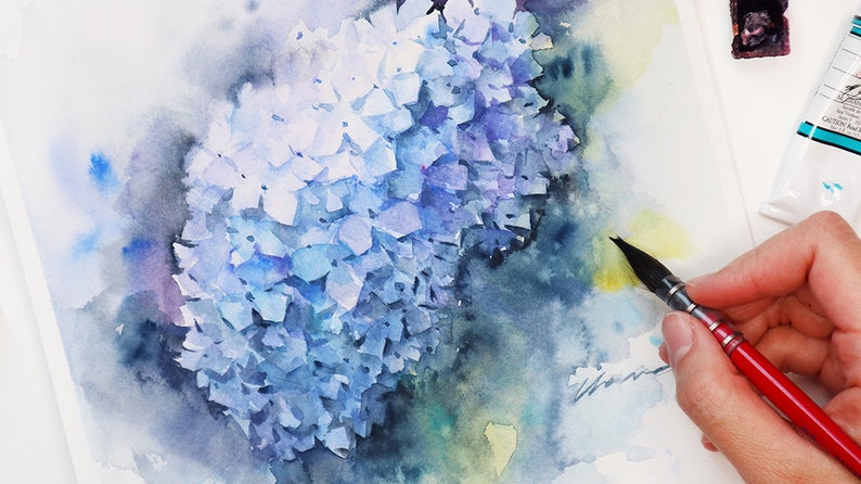 May include: A watercolor painting of a blue and purple hydrangea flower. The flower is painted in a loose, impressionistic style, with soft edges and subtle color variations. The background is a soft wash of blue and green.