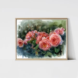 Rose Watercolor Painting Art Print: Botanical Living Room Wall Decor