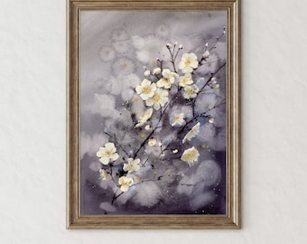 May include: Watercolour painting of white blossoms on dark branches against a grey and purple background. The artwork is framed in a light brown wooden frame. The painting has a soft, dreamy quality, with delicate details.