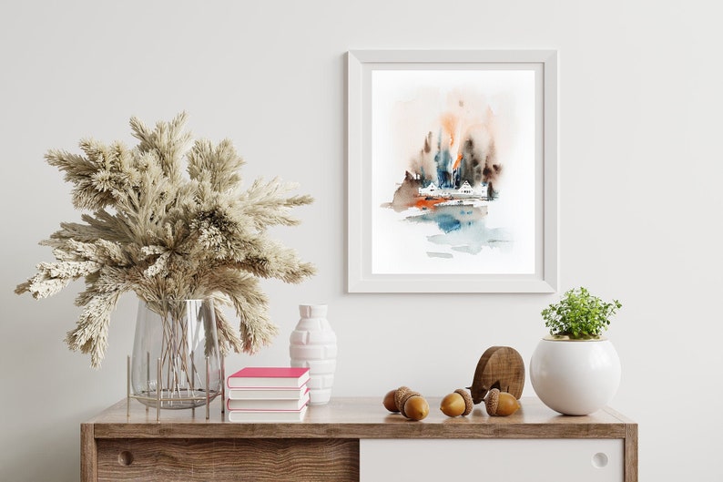 Impression d'art peinture paysage abstrait, peinture aquarelle forêt, impression d'art arbres abstraits, art mural orange gris 2, impression giclée image 2