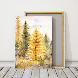 Aquarel pijnbomen landschap Fine Art Print van originele bos bomen schilderij, grote kunstafdruk, natuur kunst aan de muur, herfst boom kunst aan de muur