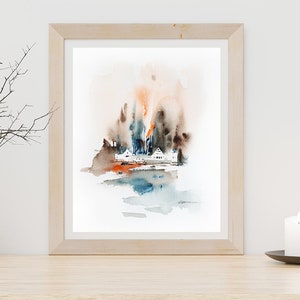 Impression d'art peinture paysage abstrait, peinture aquarelle forêt, impression d'art arbres abstraits, art mural orange gris 2, impression giclée image 3