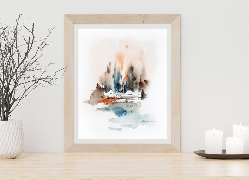 Impression d'art peinture paysage abstrait, peinture aquarelle forêt, impression d'art arbres abstraits, art mural orange gris 2, impression giclée image 3