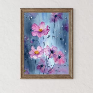 Impression d&#39;art fleurs avec gouttes de pluie à partir de peinture aquarelle originale, art mural botanique