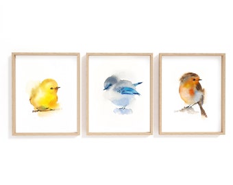 Bird Art Painting Set of 3 Fine Art Prints, Nursery Art, Nursery wall decor, Cute Little Birds Giclée print, Kids room decor