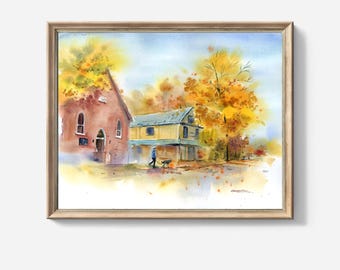 秋の風景画水彩画：ションバーグストリートアートプリント - Etsy 日本