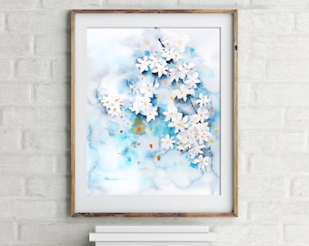 Flower Painting Fine Art Print, Cherry Blossom Watercolor Painting, Blue Wall Art, Sakura Art Print, Blue Nature Giclée Print