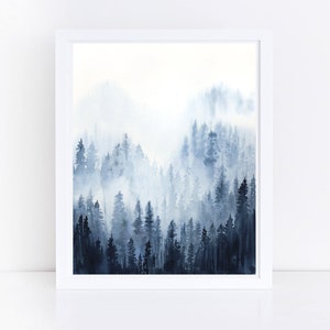 Forest Landscape Fine Art Print, Trees Watercolor Painting, Navy Blue Wall Art, Giclée Print, Misty Forest Painting, Nature Print