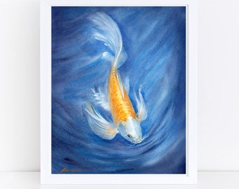 May include: A watercolor painting of a white and orange koi fish swimming in blue water. The fish is facing down with its fins spread out. The water is painted with a light blue and dark blue wash.
