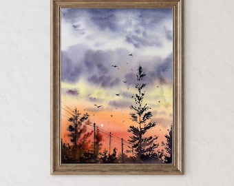 Fine Art Print Sunset Wall Art From Original Watercolor Landscape Painting