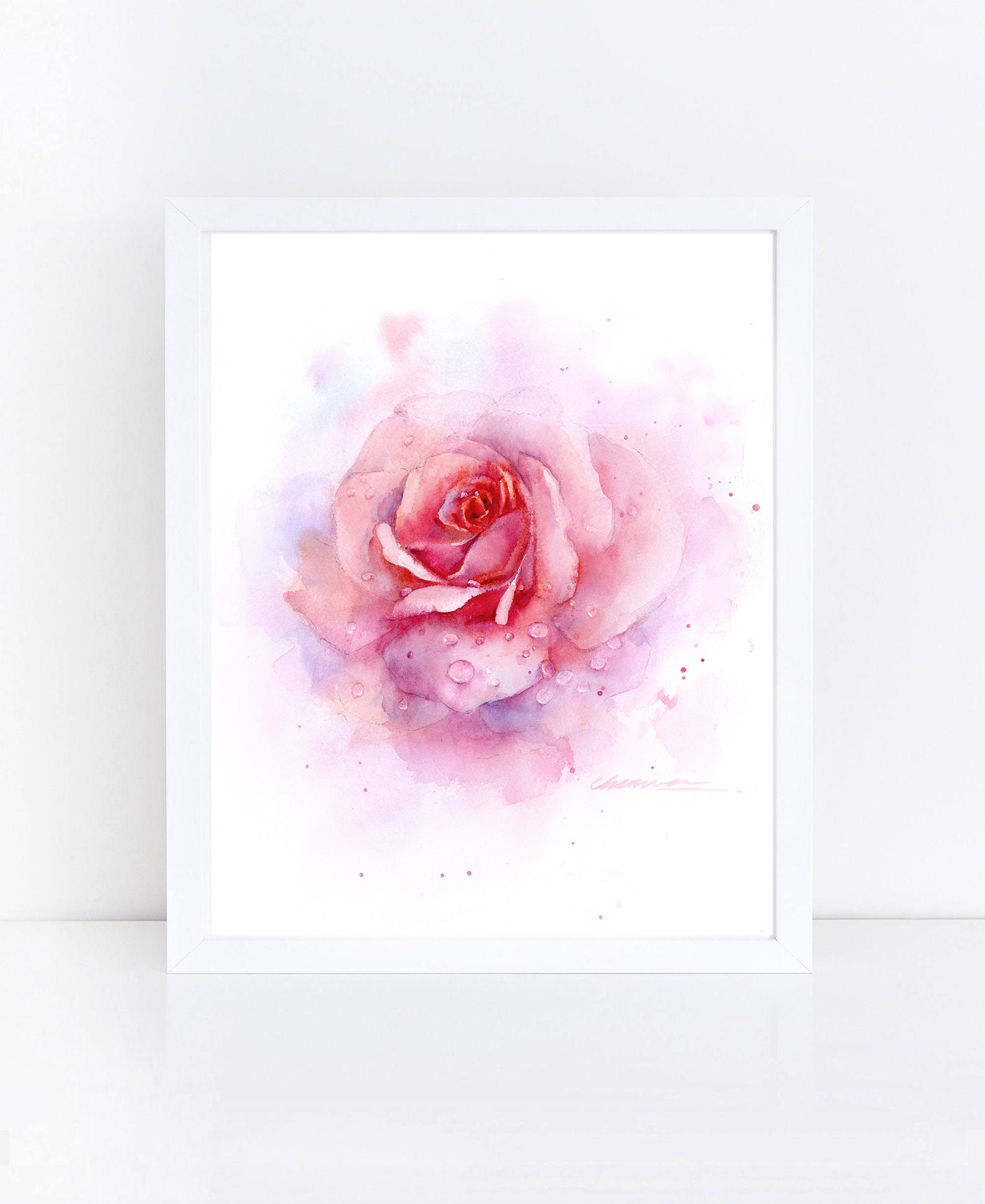 Pink Rose Watercolor Painting Art Print: Botanical Wall Decor