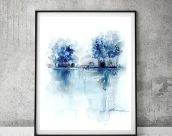 Impression abstraite d’art de paysage d’aquarelle, impression de paysage minimaliste de Giclée, art de mur de nature, décor de mur de ton bleu, peinture de lac bleu