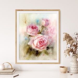 Stampa artistica di rose rosa, stampa giclée di fiori acquerellati, arte botanica murale, decorazione da parete per la casa