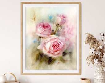 Rosa Rosen Aquarell Kunstdruck: Botanisches Giclée-Wandbild