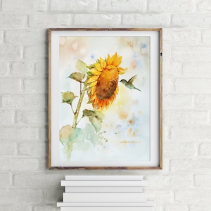 Sunflower and Hummingbird Watercolor Art Print: Floral Living Room Decor
