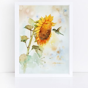 Sunflower With Bird Art Print, Hummingbird Watercolor Painting, Flower Wall Art, Bird Art Print, Yellow Art Print, Kissing The Sun