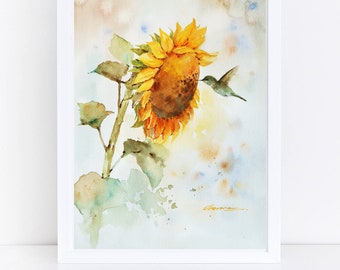 Sunflower With Bird Art Print, Hummingbird Watercolor Painting, Flower Wall Art, Bird Art Print, Yellow Art Print, Kissing The Sun