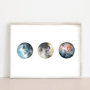 Impresión de bellas artes de luna llena, pintura de acuarela lunar, arte de pared de planetas, impresión de arte Giclée, arte de pared minimalista