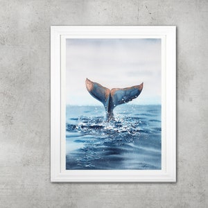 Whale Painting Fine Art Print, Ocean Wall Art From Original Watercolor Painting, Humpback Whale Diver, Coastal Wall Decor