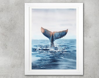 Fine Art Print Whale Wall Art From Original Ocean Watercolor Painting, Humpback Whale Diver, Coastal Wall Decor