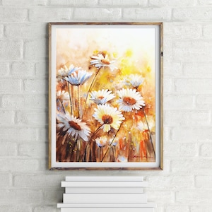 Watercolor Daisies Art Print: Sunset Landscape Painting