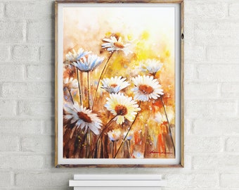 Daisies Painting Fine Art Print, Watercolor Daisies at Sunset, Flowers Giclée Art Print, Yellow And Orange Art Print, Home Wall Decor