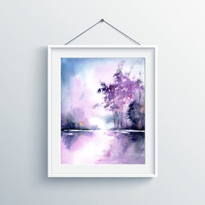 Impresión artística de paisaje abstracto: Árboles morados, acuarela Giclée