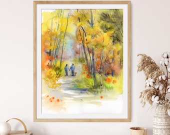 Impresión artística de acuarela otoñal: arte mural forestal