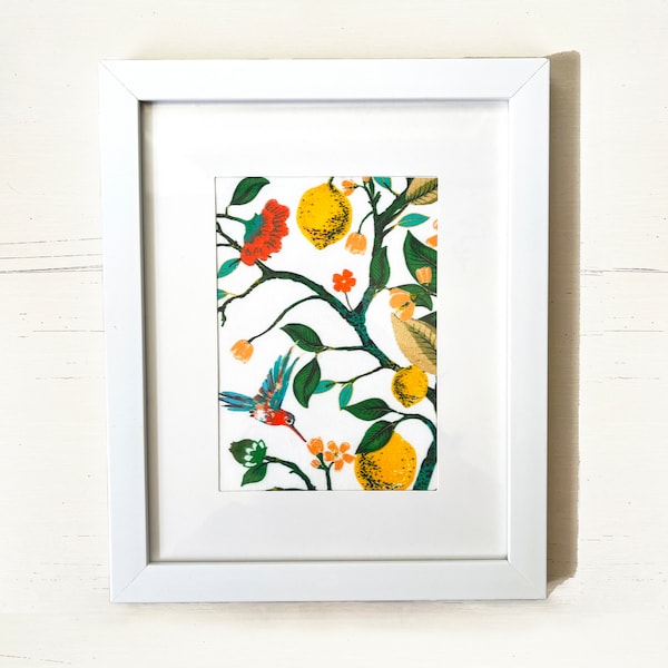 LEMON GARDEN line drawing hummingbird floral citrus print framed art framed fabric wall art wall decor cotton fabric