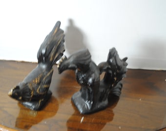 Antique Black with Gold Trim Terra Cotta Rooster and Hen Figurines