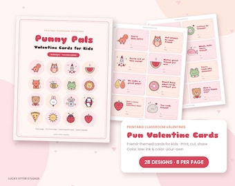 Printable Valentine Cards for Kids, 28 Pun Classroom Valentines, Friend Card Exchange, Color Your Own, Treat Tags, Pencil Cards, Letter A4