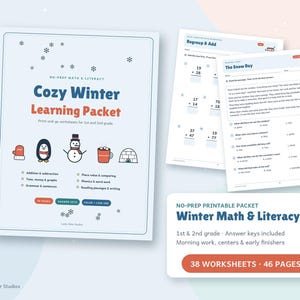 Może przedstawiać: Pakiet edukacyjny Cozy Winter dla klas 1 i 2 zawierający 46 stron arkuszy z matematyki i czytania. Okładka przedstawia ikony rękawicy, pingwina, bałwana, kakao i igloo oraz tekst dotyczący dodawania, odejmowania, fonetyki i pracy ze słowami.