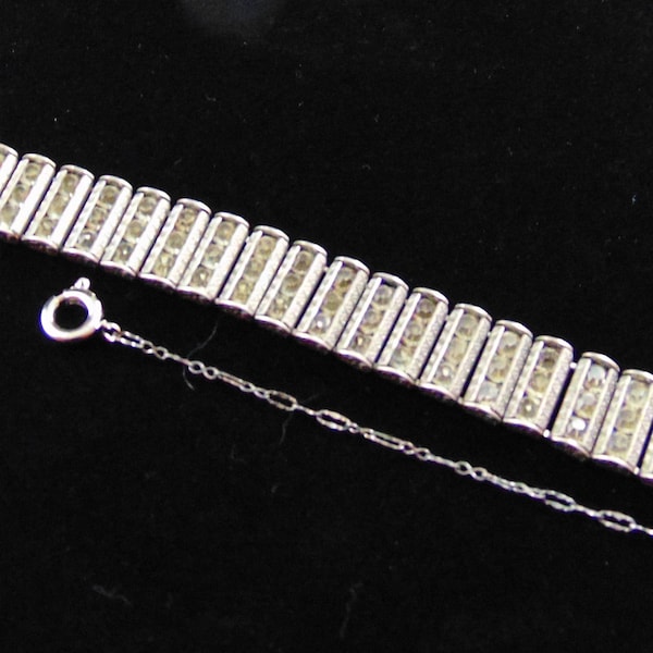 Vintage Signed Catamore Sterling Art Deco Style Clear Rhinestone Link Bracele