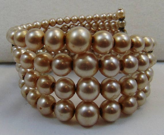 Four Strand Cafe Au Lait Colored Glass Pearls Wrap Cuff Bracelet