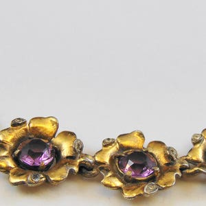 Floral Themed Link Bracelet with Large Unfoiled Purple Glass Stones