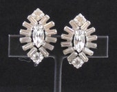 Vintage Signed Weiss Marquise, Square and Baguette Clear Rhinestone Clip Earrings