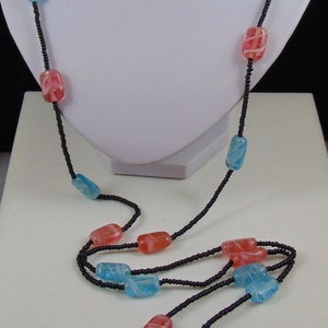 Vintage Unsigned 55&quot; Long Aqua Turquoise and Pink Candy Bead Necklace